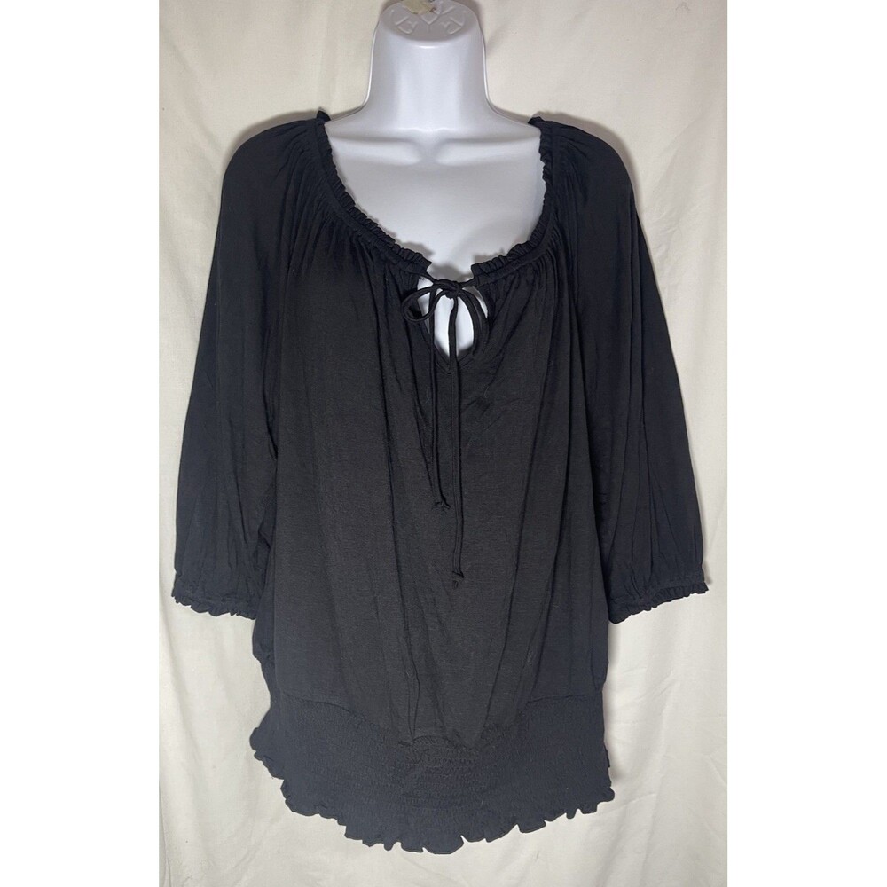 Grace Elements Womens Top XL Black Peasant Blouse Smocked Hem Tie Neck